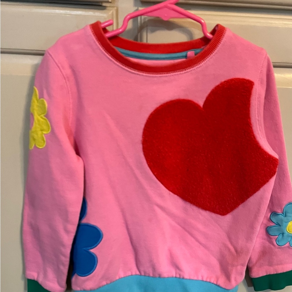 Mini Boden Pink Sweatshirt with Red Heart and Floral Accents